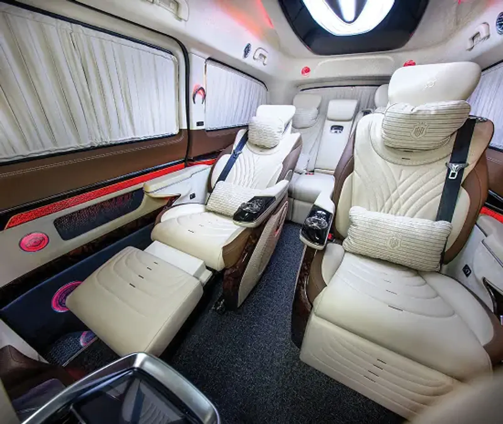 Sprinter VIP Lounge configuration — six captain seats, custom luxury Sprinter van Dubai