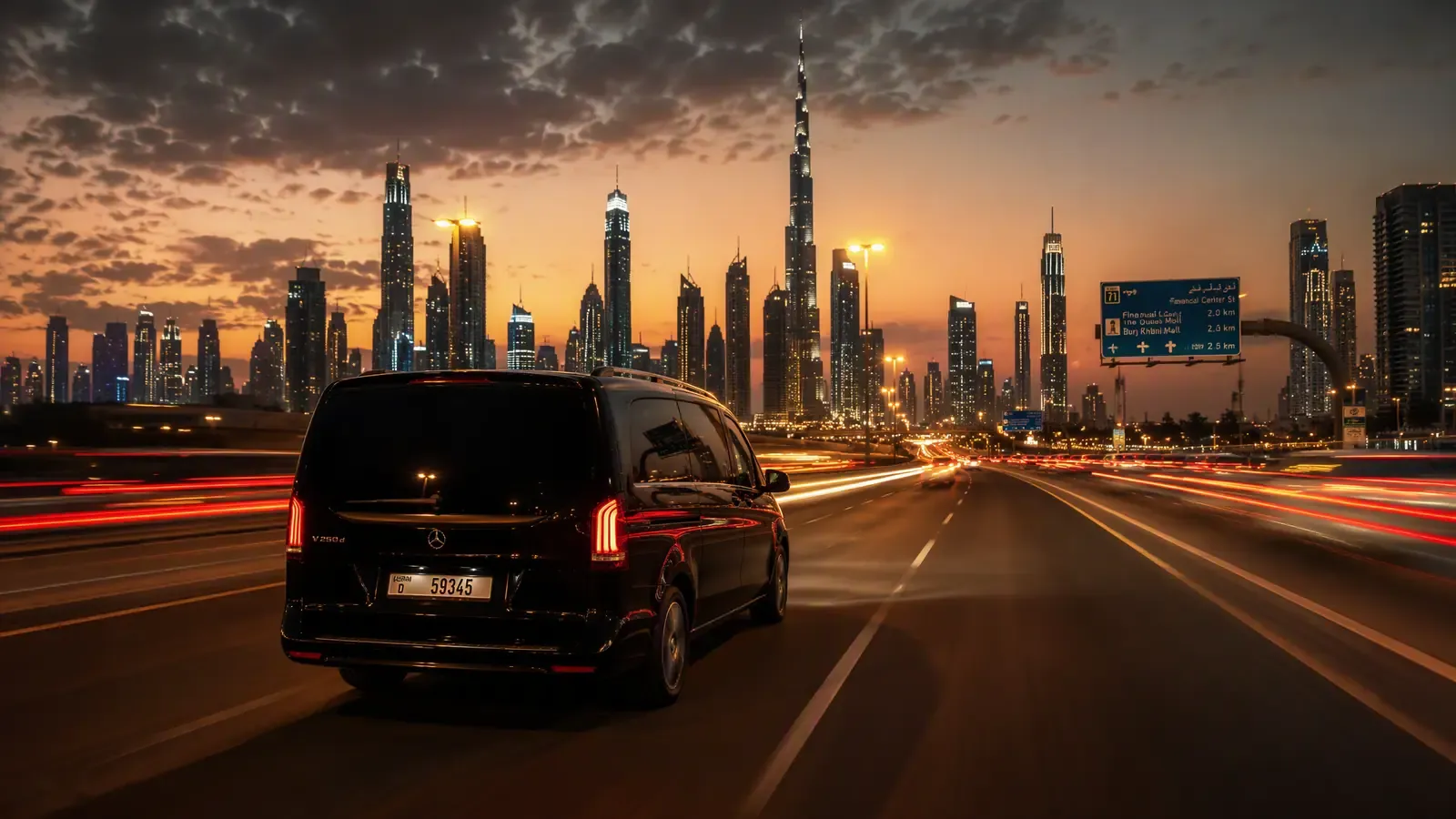 Barugzai Mercedes-Benz VIP V Class exported from Dubai to Nigeria — luxury van on Sheikh Zayed Road at dusk
