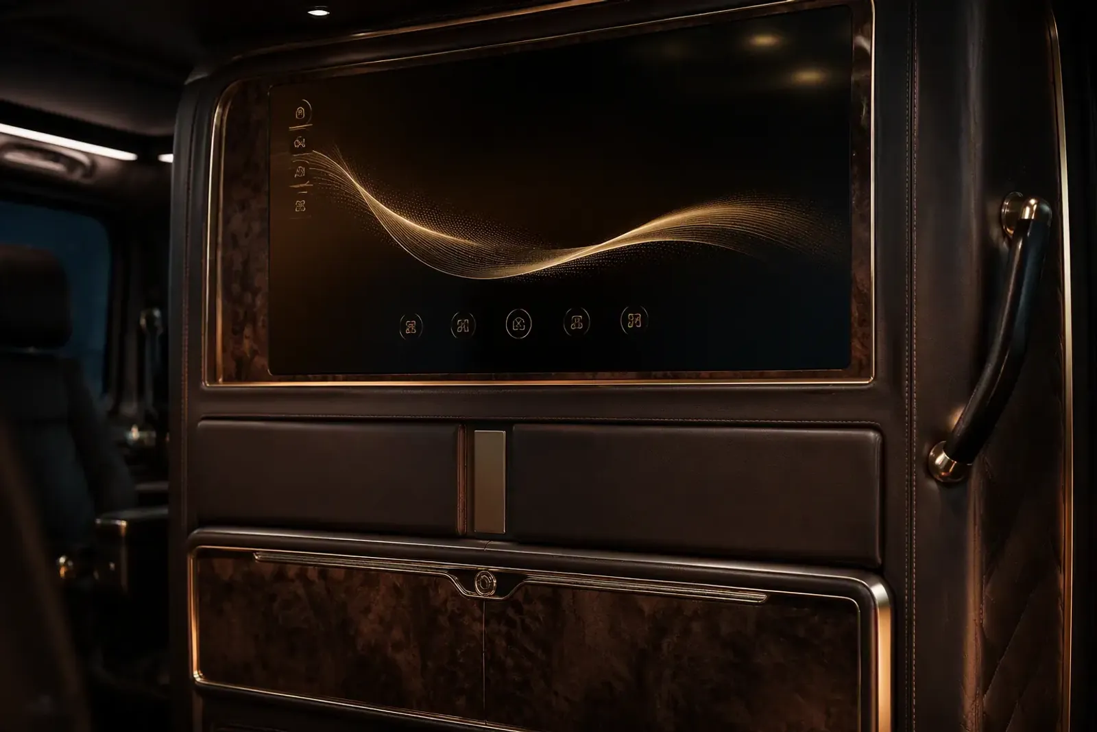 Large smart TV on a leather-wrapped partition in a Barugzai VIP van