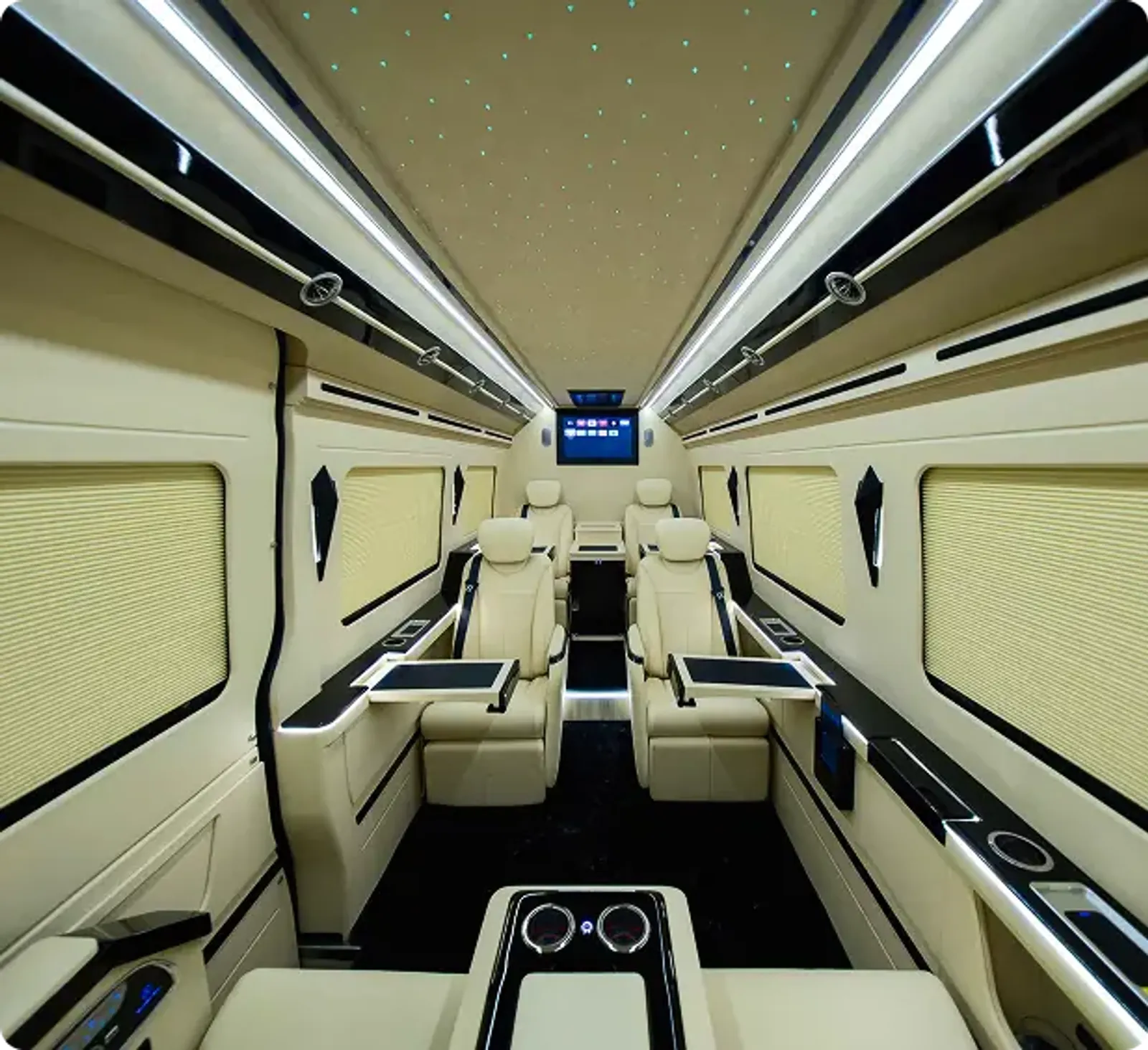 Executive mobile office van interior with work tables — mobile office van conversion Dubai