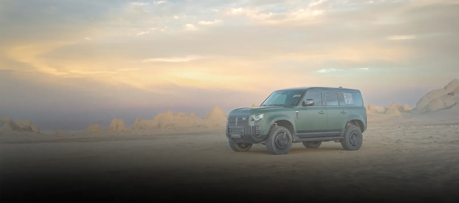 Limgene Defender wide-body build in the desert — custom Defender Dubai