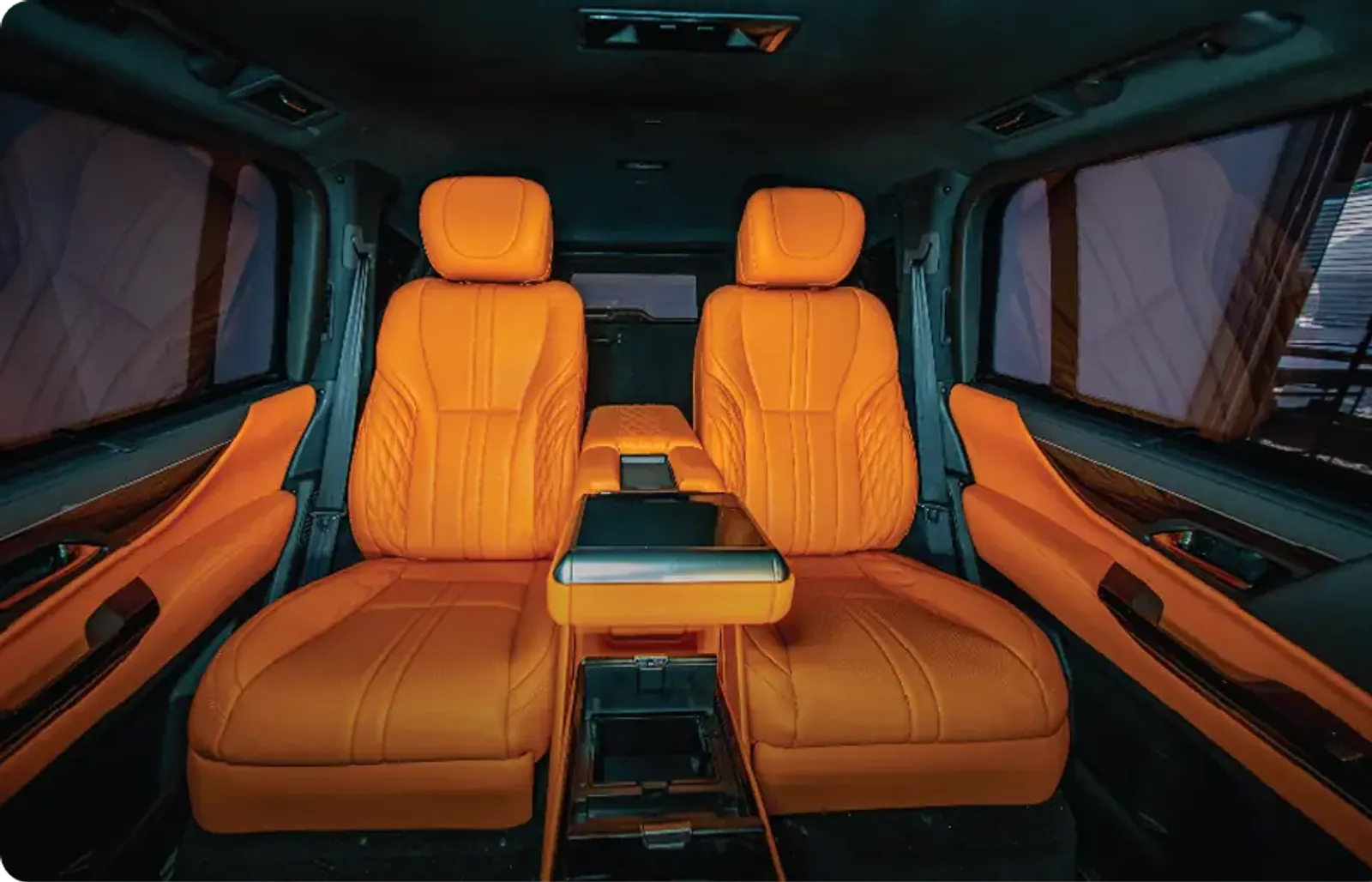 Cognac leather VIP rear suite — Barugzai SUV conversion Dubai
